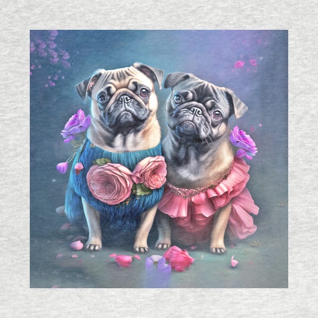 Pug Dogs in Blue and Pink Flowers by candiscamera